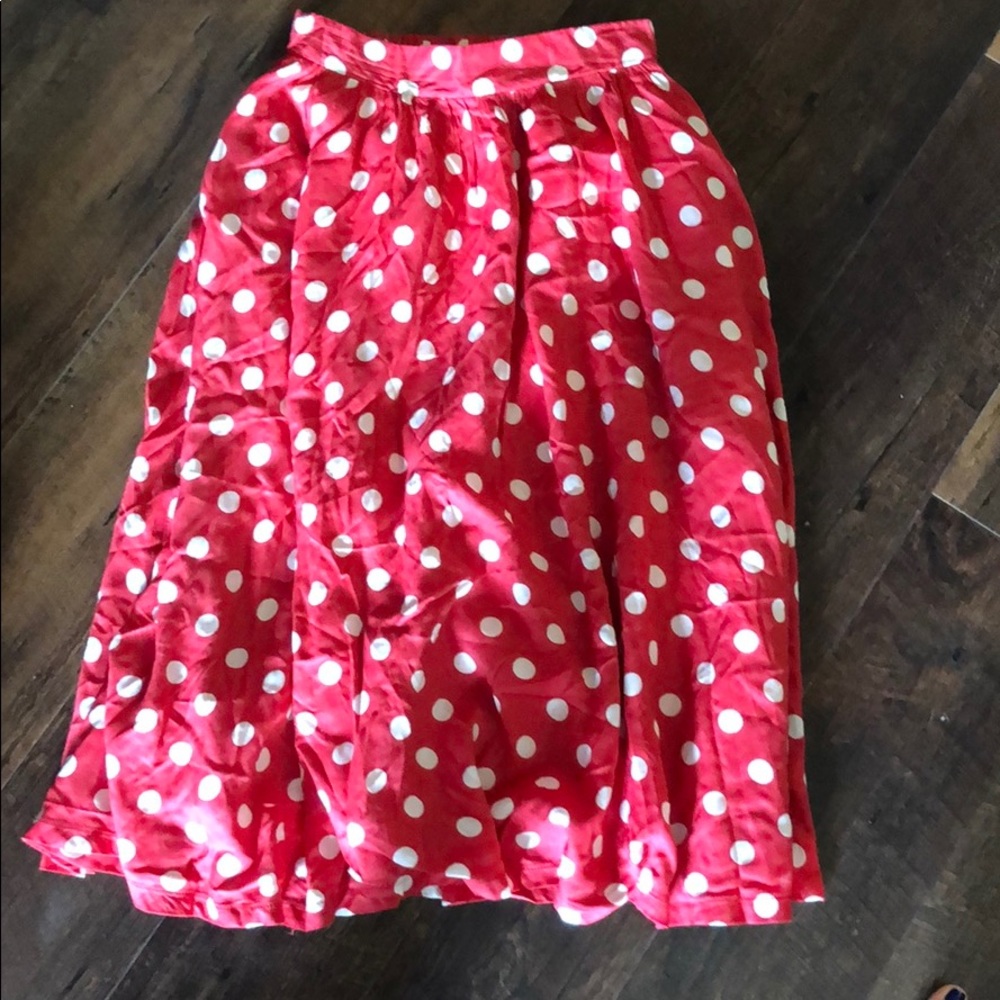 Red + white polka dot midi skirt
